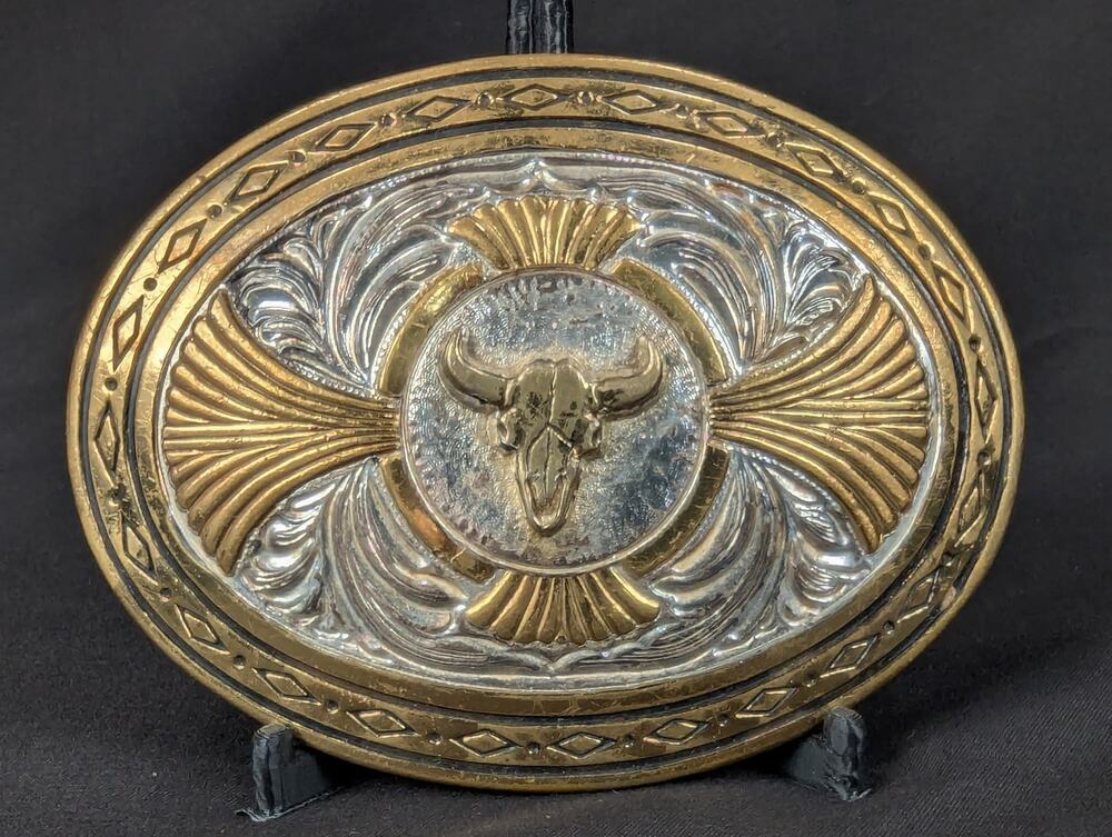 Award Design Medals Vintage Western Bull Skull Belt Buckle Silver Plated Gold...